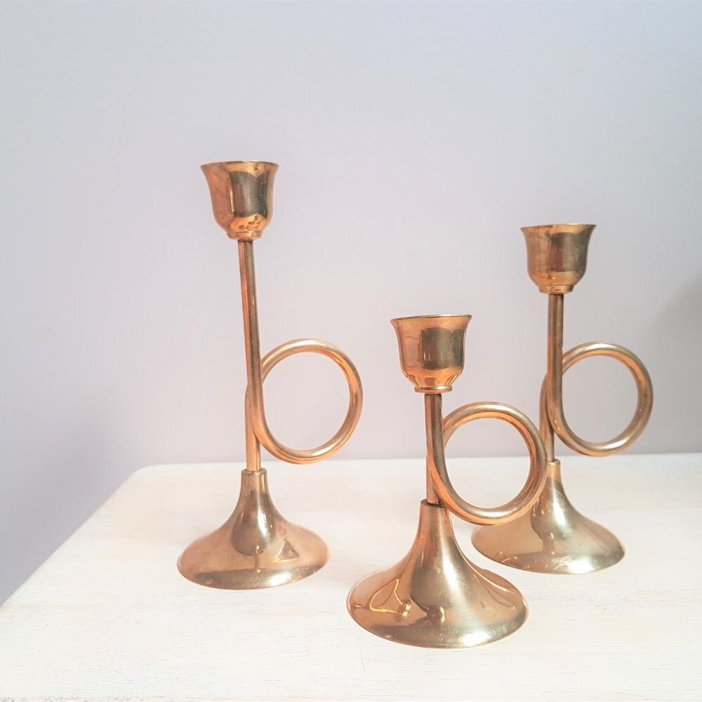 Set of 3 Trumpet Shape Brass Candle Holders.